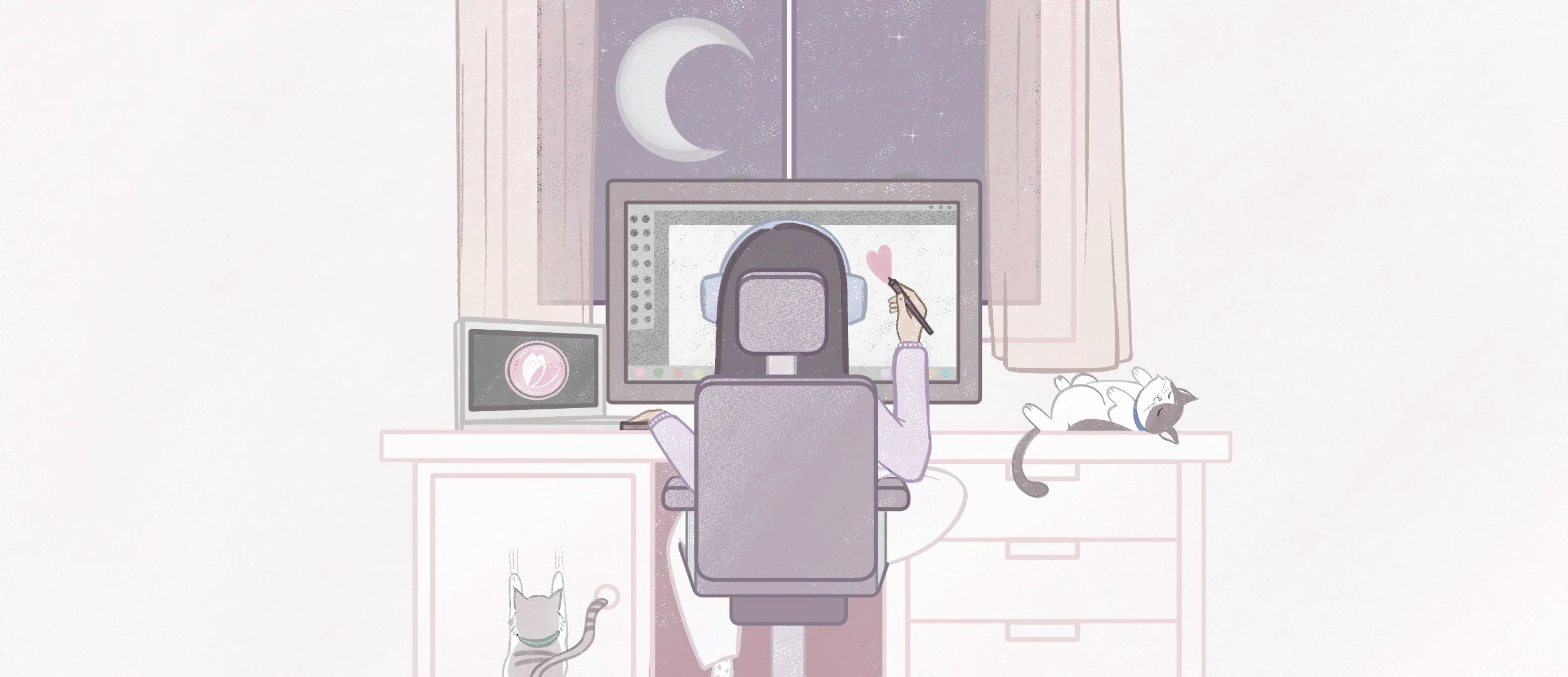 Illustration of the creator of Sam's Sakurapetals vibing and being in her happy place surrounded by her cats
