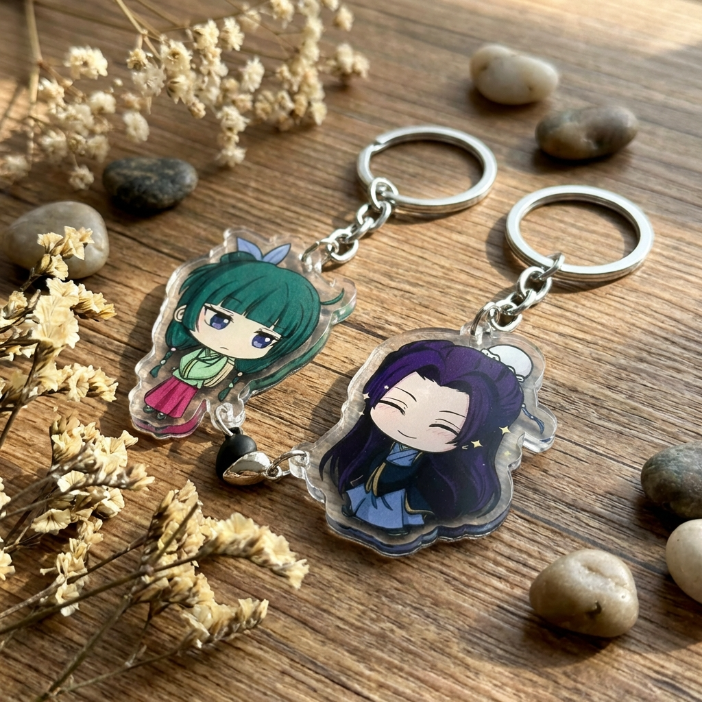 Maomao and Jinshi keychains from The Apothecary Diaries merch collection