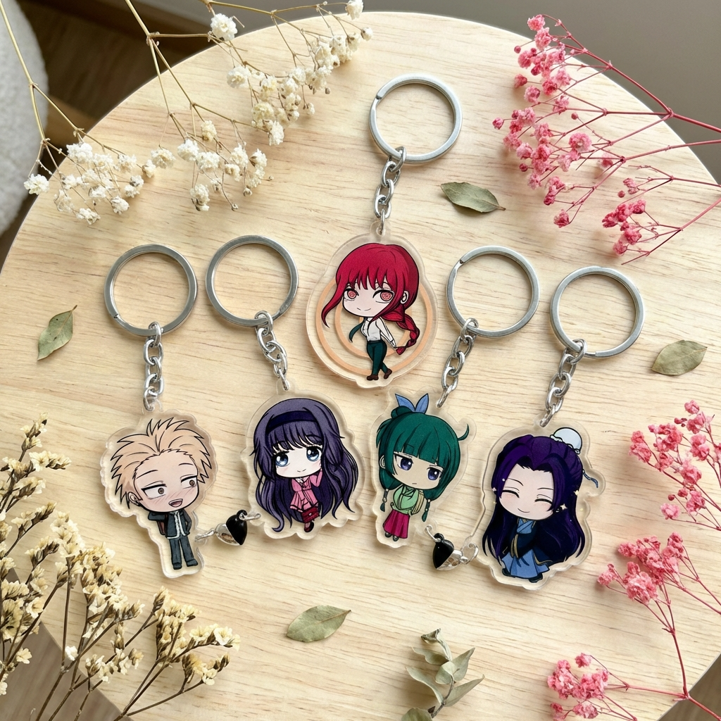 Seasonal anime merch collection with naruto, makima, waguri, maomao and padoru inspired designs