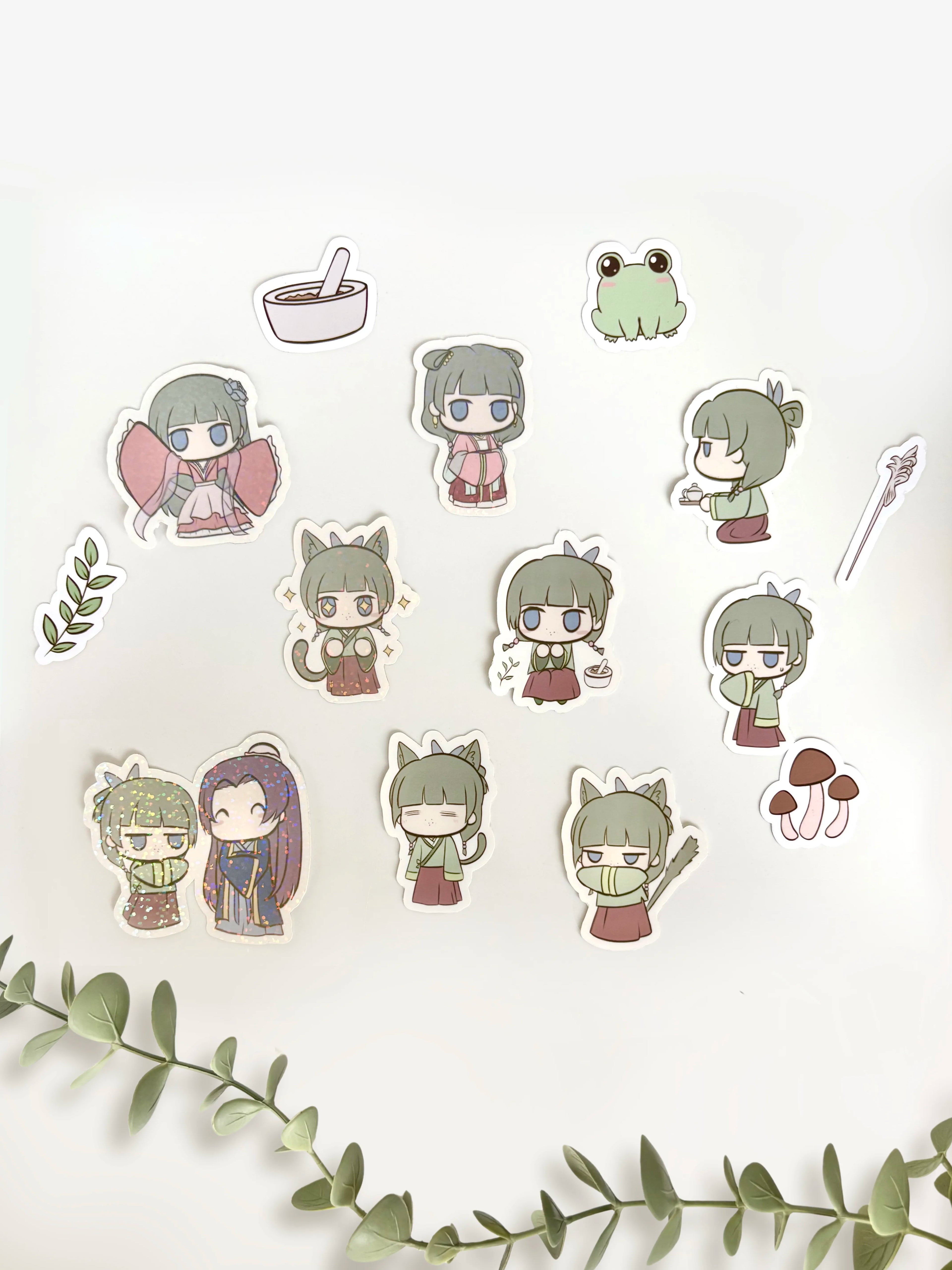 Anime sticker pack with aesthetic chibi stickers for laptops, journals, and phone decoration including holographic styles