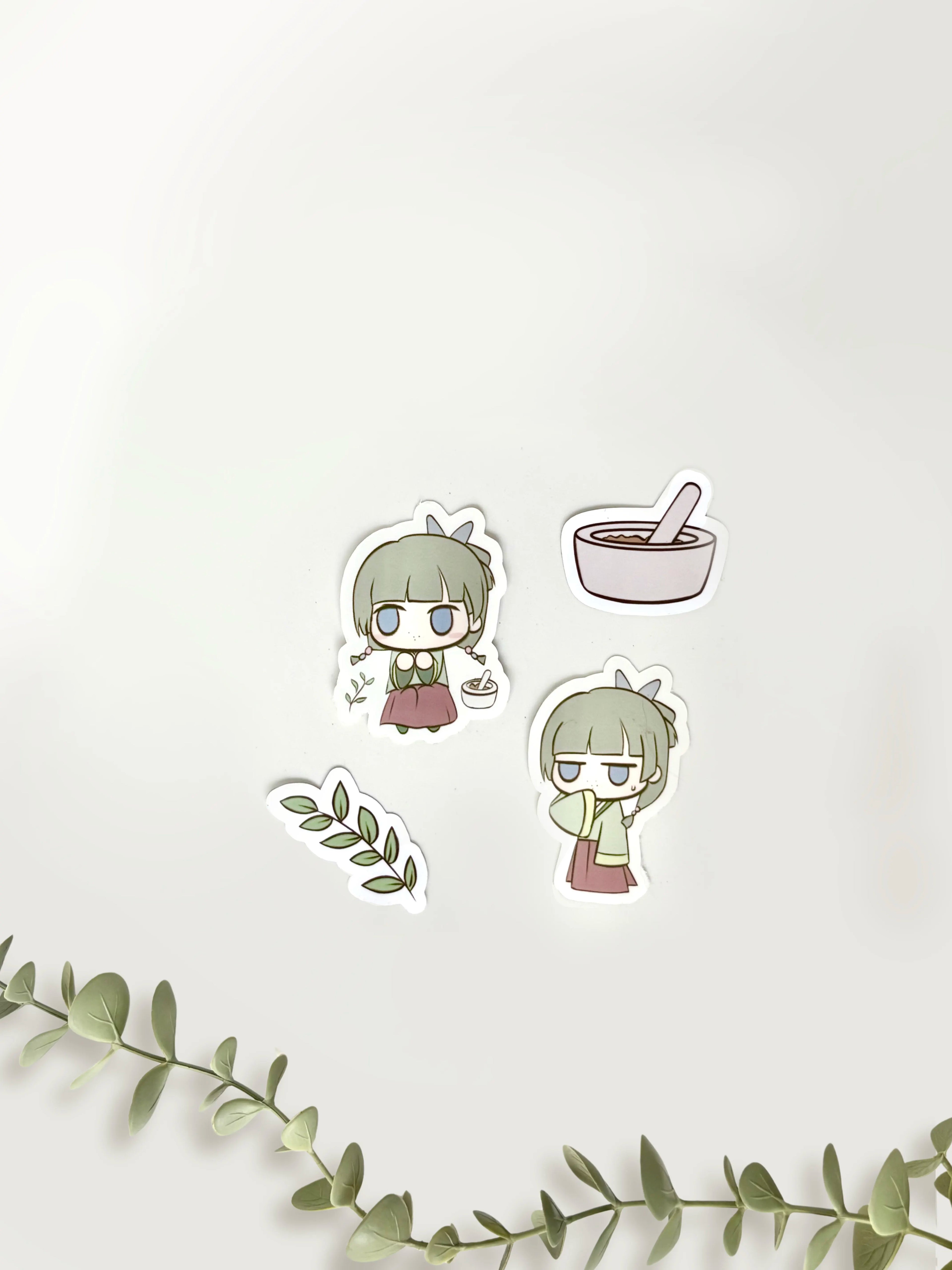 Anime sticker pack featuring small and medium chibi stickers with soft colors on sticker sheet