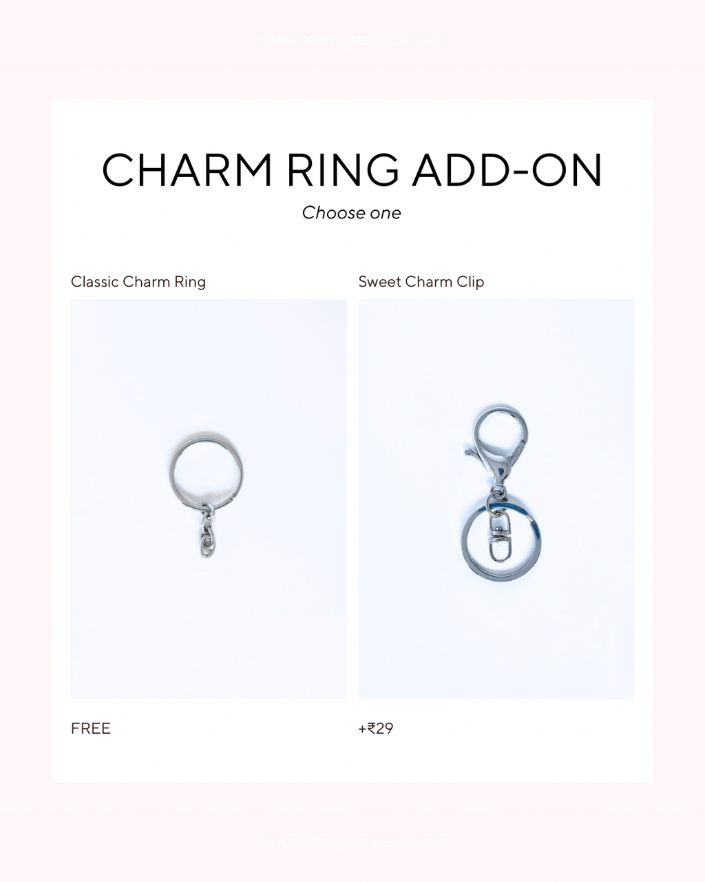 Classic charm ring and sweet charm clip add-ons for personalized keychain