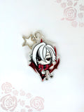 Front view of the Arlecchino double-sided anime keychain featuring vibrant character artwork.