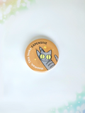 Funny mischievous cat button badge featuring a kitty knocking something over with the text Hooman This Looks Expensive.