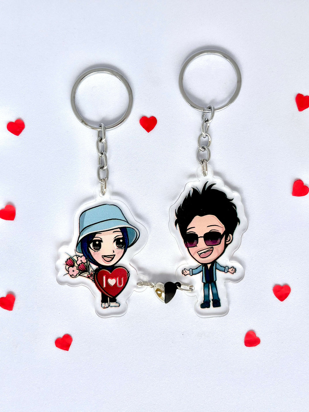 Personalised keychain for couples – hand-drawn acrylic charm set with heart - Petal for him