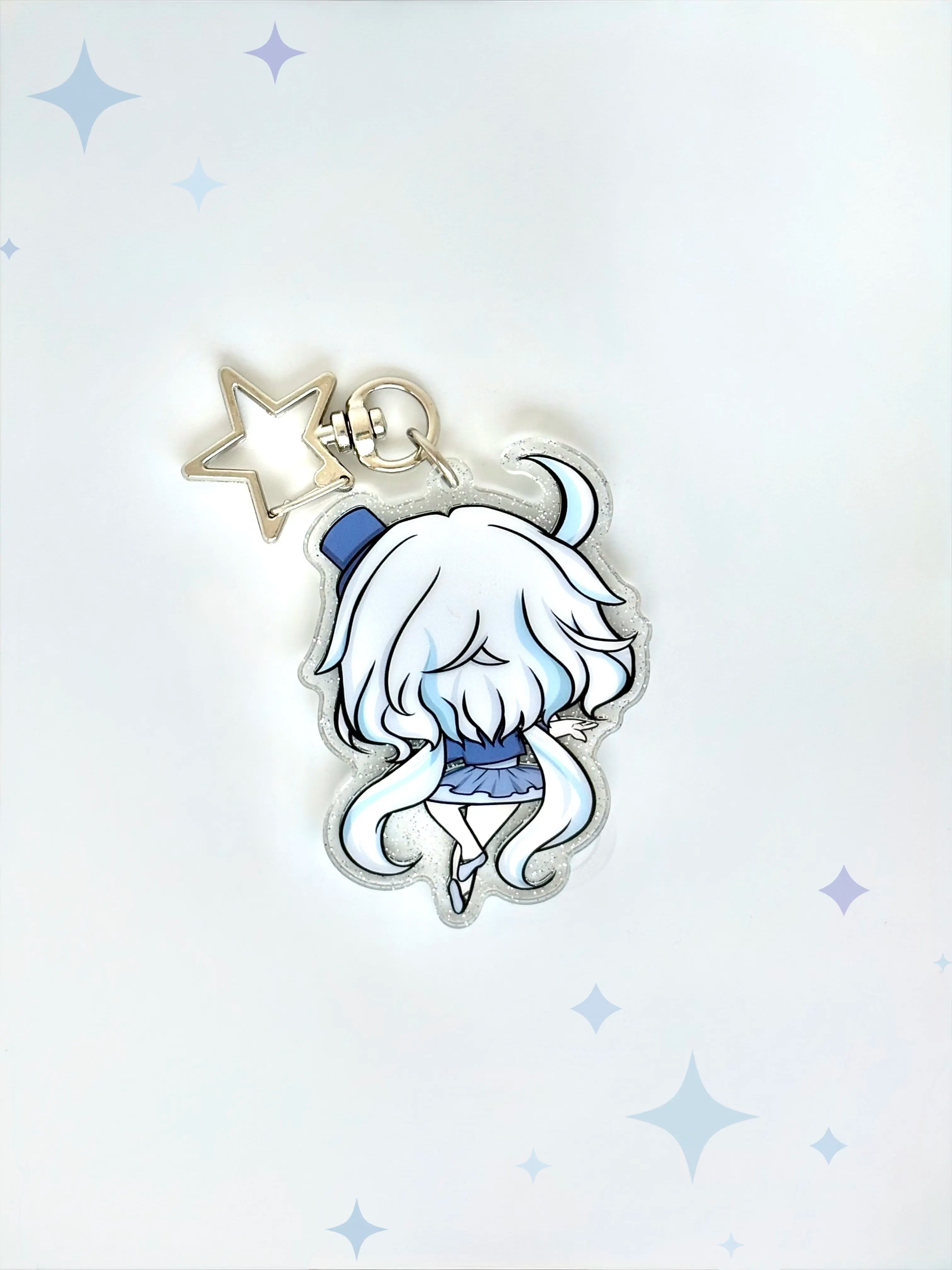 Back view of the Furina anime keychain showcasing a unique alternate art illustration with a sparkling glitter acrylic finish.
