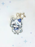 Front view of the Furina double-sided anime keychain featuring vibrant character artwork and a sparkling glitter acrylic finish.