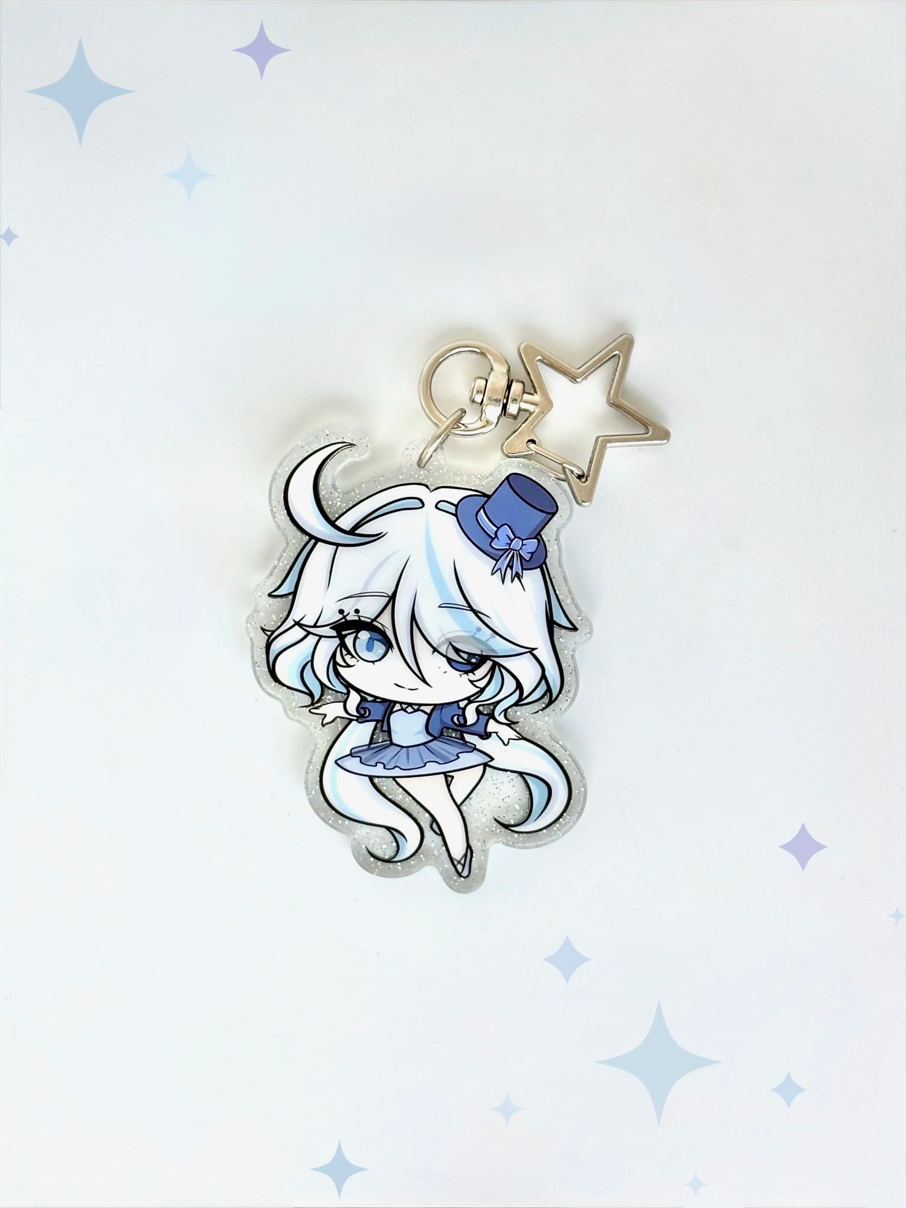 Front view of the Furina double-sided anime keychain featuring vibrant character artwork and a sparkling glitter acrylic finish.