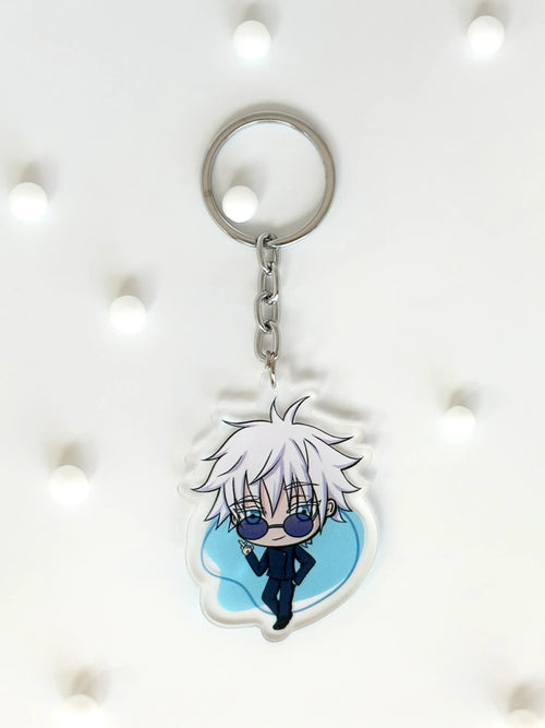 Gojo Satoru acrylic anime keychain placed against a plain white background