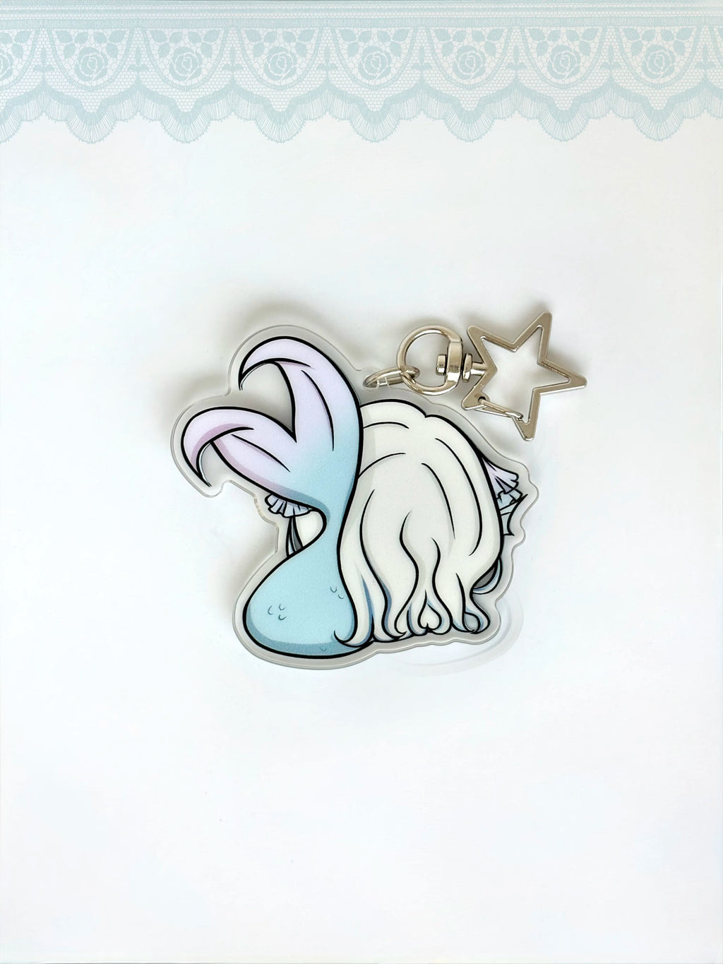 Back view of the Shizue OC anime keychain showcasing a unique alternate art illustration.