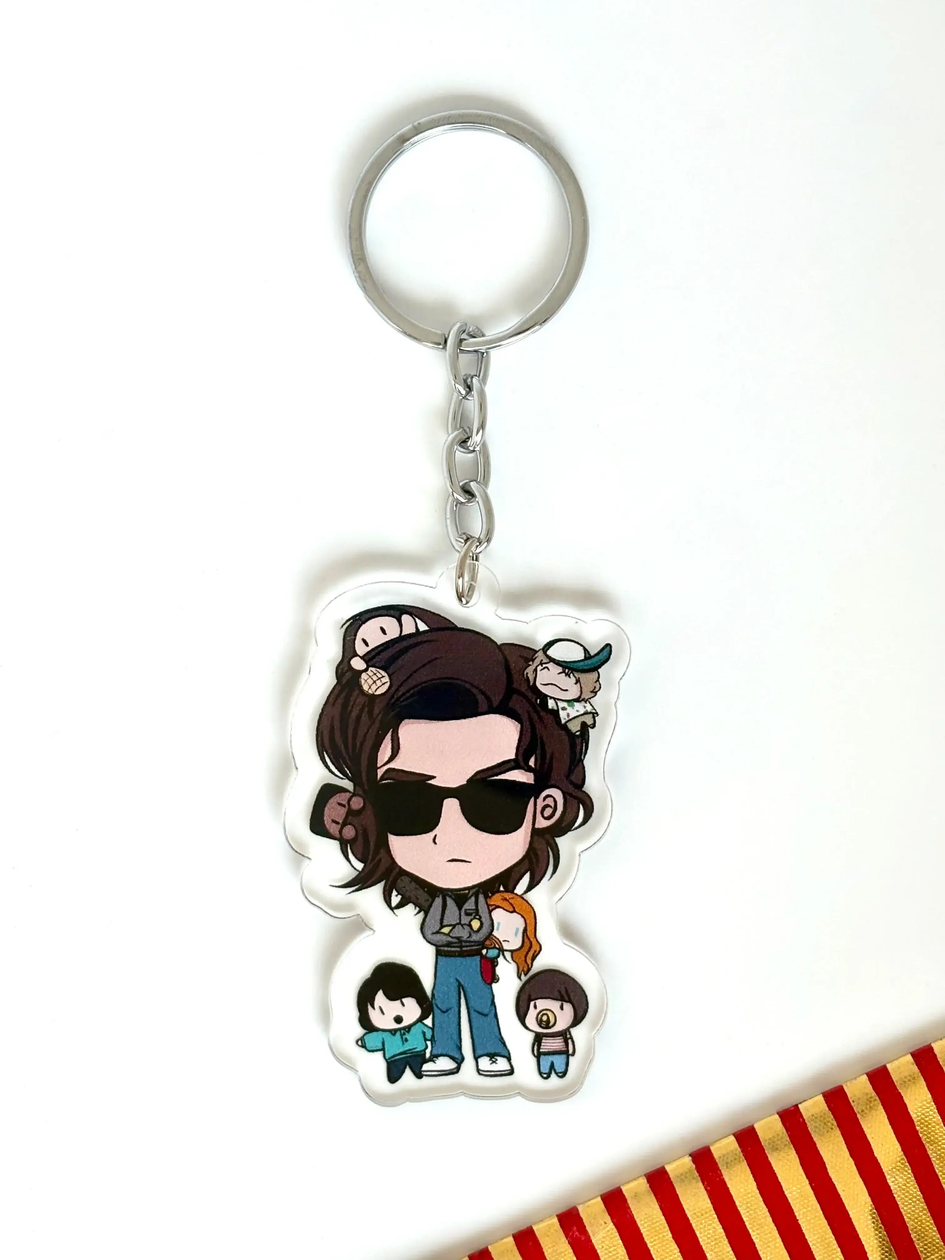 Stranger Things fan art keychain inspired by Steve with chibi-style acrylic charm