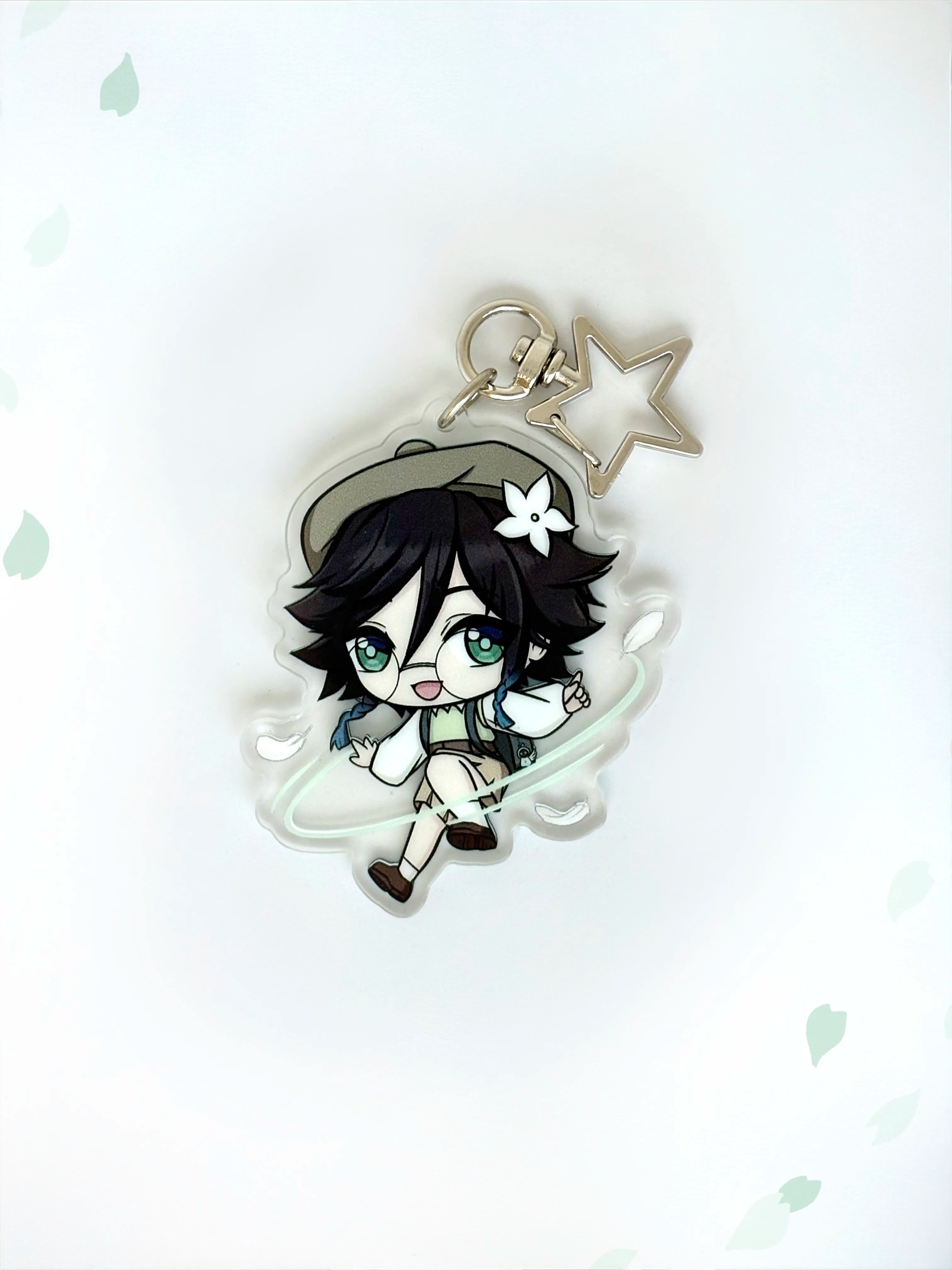 Front view of the Venti double-sided anime keychain featuring vibrant character artwork and a sparkling glitter acrylic finish.