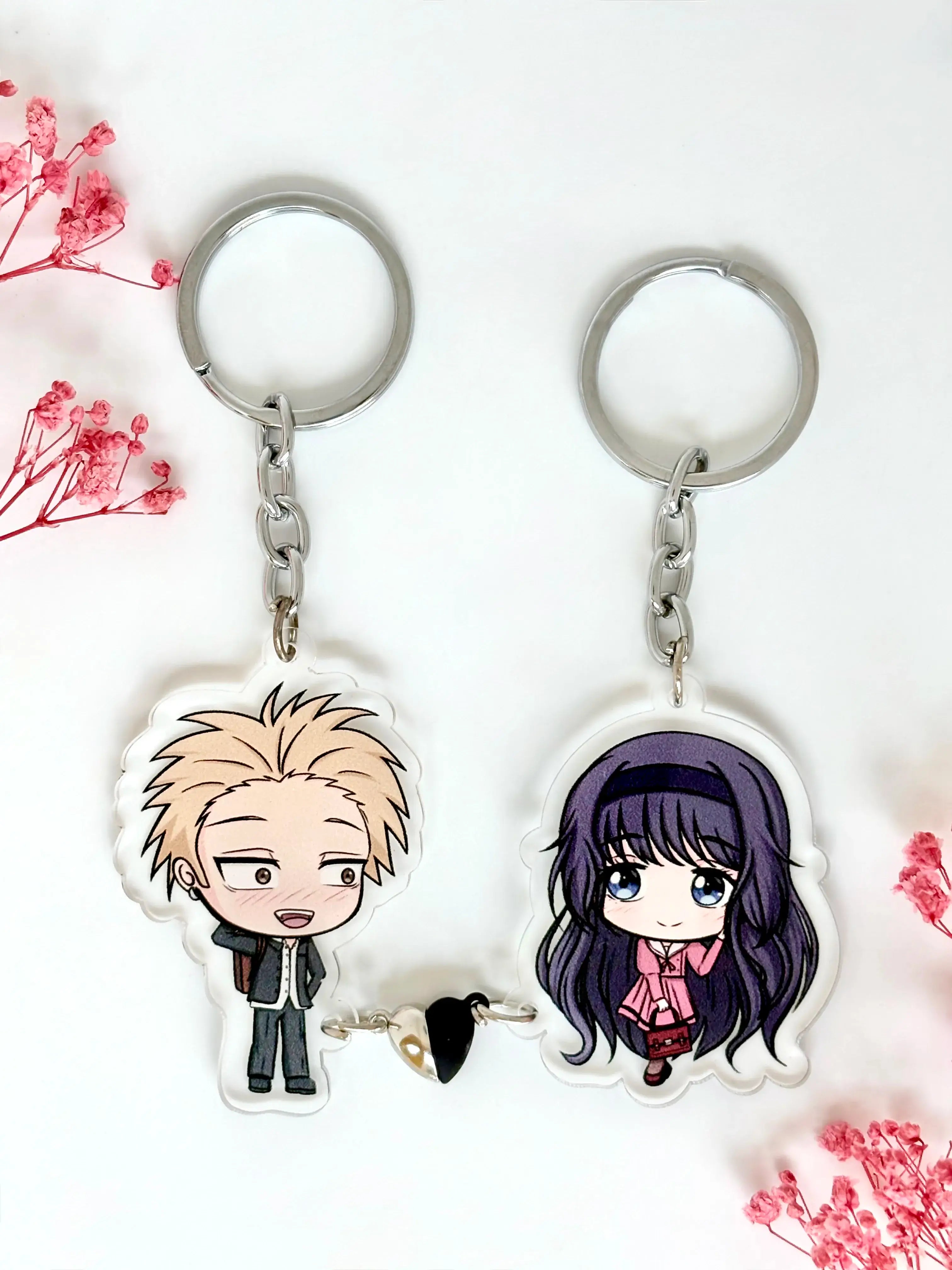 waguri and rintaro anime couple keychain with magnetic heart charm